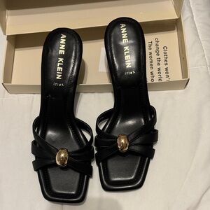 Anne Klein Black Leather Slide Sandals with Gold Accent